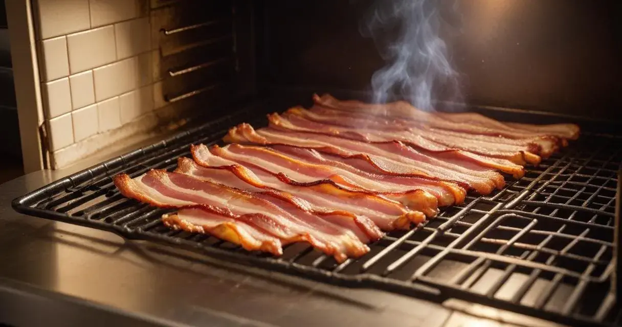 Rader av saftigt bacon ligger på ett galler i ugnen, och en tunn strimma rök stiger upp.