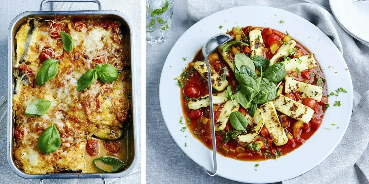 En gratinerad auberginegratäng i form och en tallrik med grillad halloumi i tomatsås. Två härliga vegetariska recept.