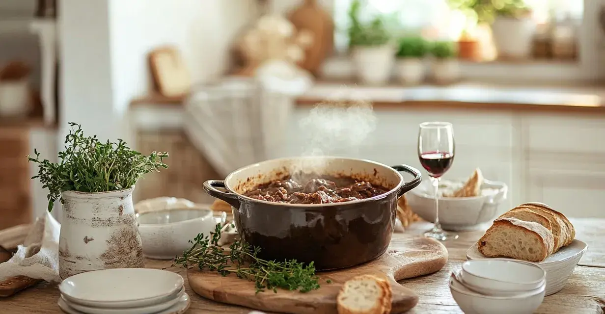 En ångande gryta med kött och grönsaker, redo att serveras med bröd och vin. Ett perfekt gryta recept för en mysig middag.