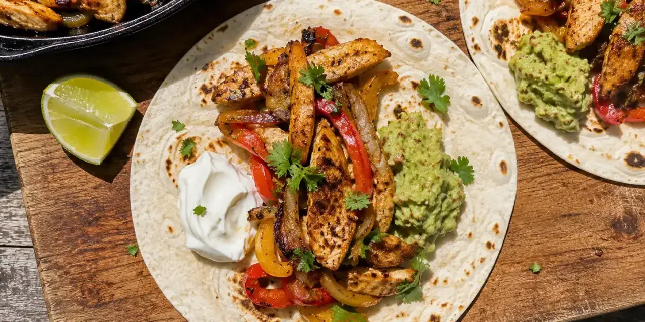 Två läckra fajitas med kyckling, paprika, lök, guacamole och gräddfil. Ett perfekt fajitas recept för en härlig middag.