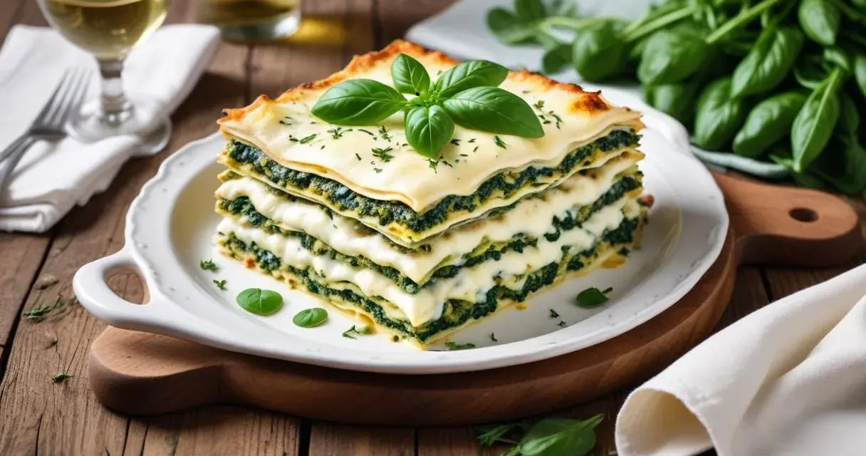 En saftig lasagne med spenat och ost, perfekt att servera med ett glas vitt vin till lasagne.