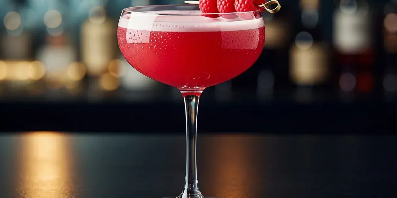 En rosa drink, en Clover Club, med hallon på en cocktailpinne.