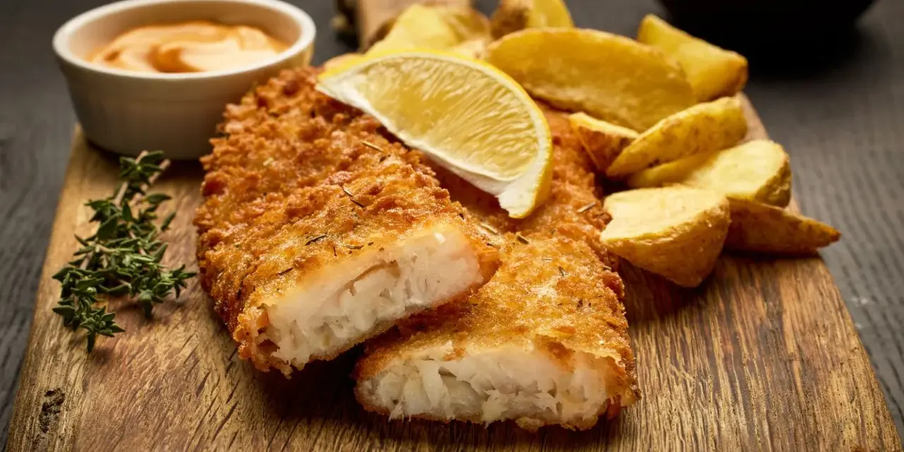 Krispigt panerad fisk med klyftpotatis och en citronskiva. Ett perfekt fisk recept för en god middag.