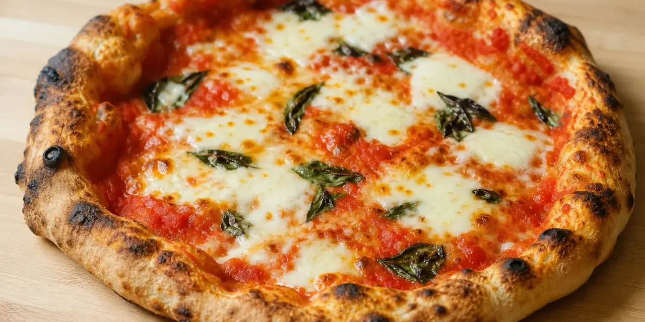 En perfekt napolitansk pizza med bubblig, lätt bränd kant, täckt av tomatsås, mozzarella och färsk basilika.