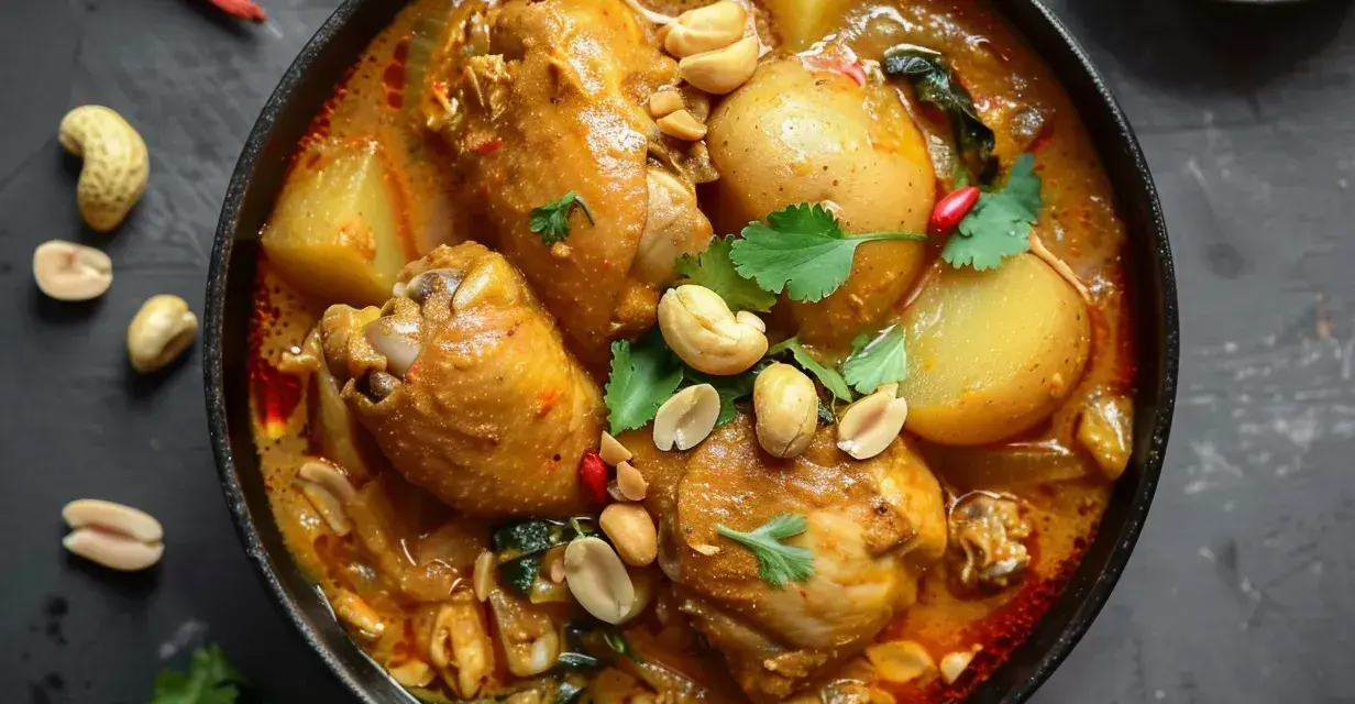 En skål med kyckling i krämig massaman curry, toppad med jordnötter och koriander. Ett läckert massaman curry recept.