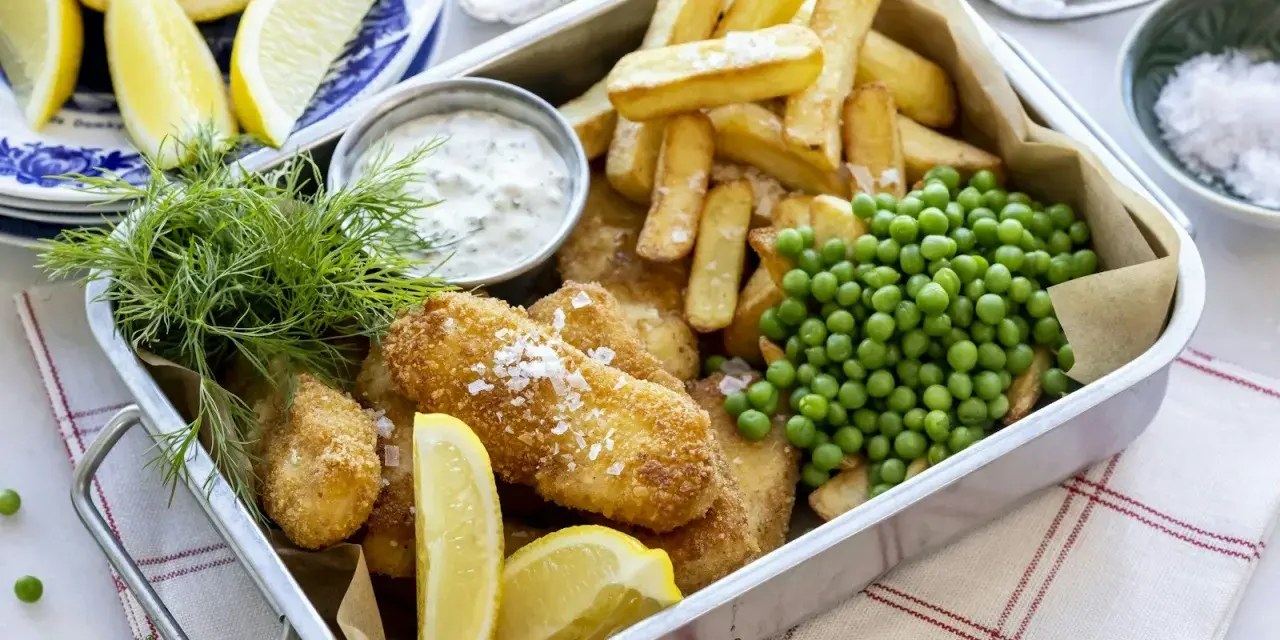 En krispig fiskgratäng med pommes frites, ärtor och citron. Perfekt för en snabb middag som hela familjen älskar.