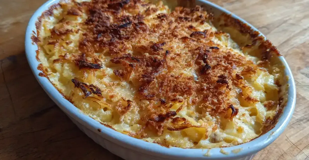 En gyllene Janssons frestelse i en vit ugnsform, redo att serveras. Ett klassiskt recept som doftar jul.