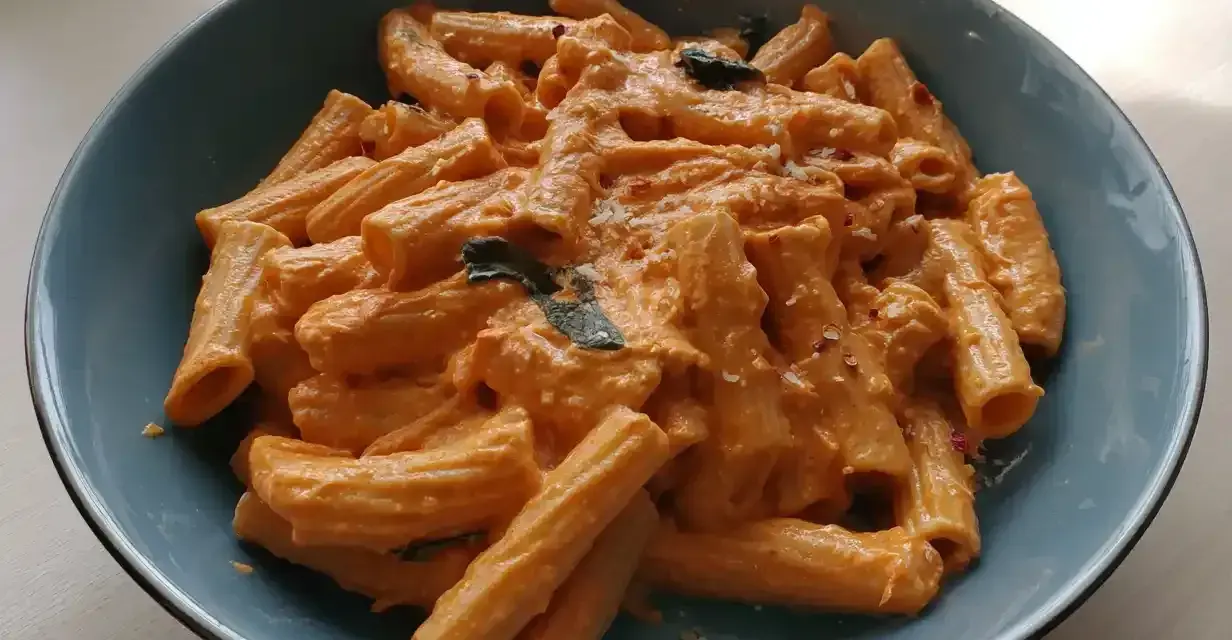 En skål med krämig vodka pasta, toppad med chili flakes och färska örter. Enkel men lyxig middag.