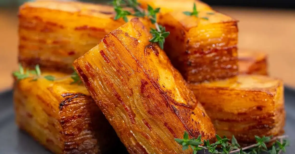 Krispig potatiskaka i ugn, skuren i eleganta bitar och garnerad med färsk timjan. En läcker rätt som passar till det mesta.