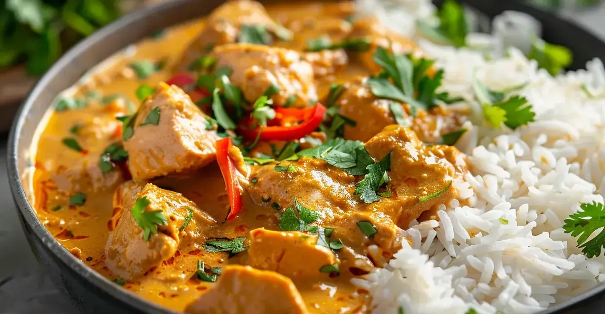 En skål med krämig kyckling curry med ris, toppad med färsk koriander och chili. En härlig måltid som värmer själen.