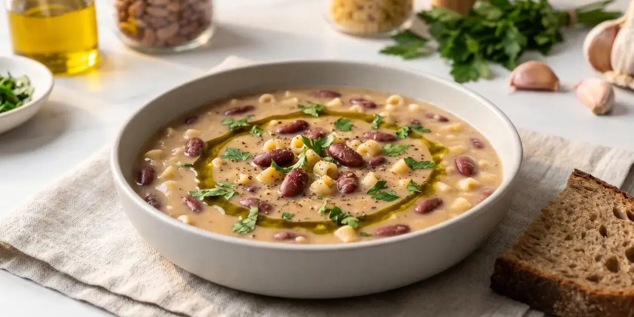 En skål med värmande pasta e fagioli, garnerad med olivolja och persilja, bredvid en skiva rustikt bröd.