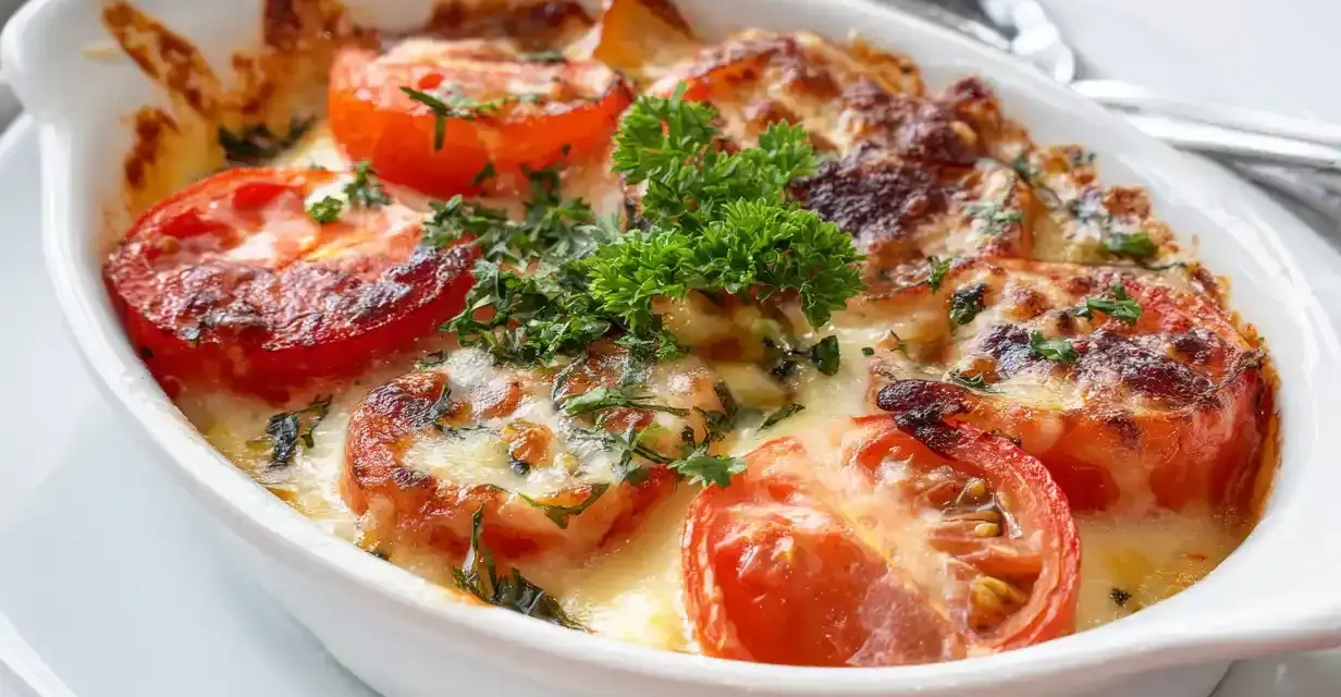 Gratinerade tomater med ost och örter, perfekt tillbehör till ett falukorv recept.