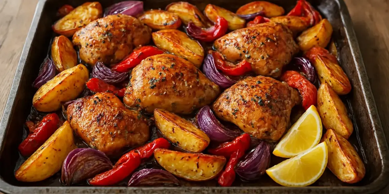 Ugnsbakad kyckling och potatis med rödlök och paprika, serverad på en plåt. En härlig måltid!