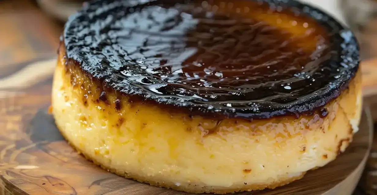 En krämig baskisk cheesecake med en mörk, karamelliserad yta, serverad på en träskärbräda.