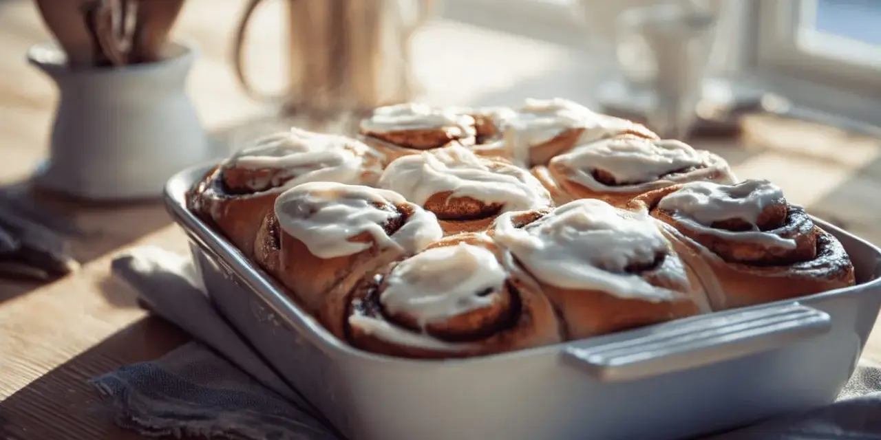 Färska kanelbullar med glasyr i en form, redo att avnjutas. Kanske bakade av Camilla Hamid?