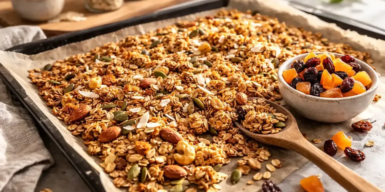 En stor plåt med hemgjord egen granola, full av nötter, frön och torkad frukt. En skål med russin och aprikoser står bredvid.