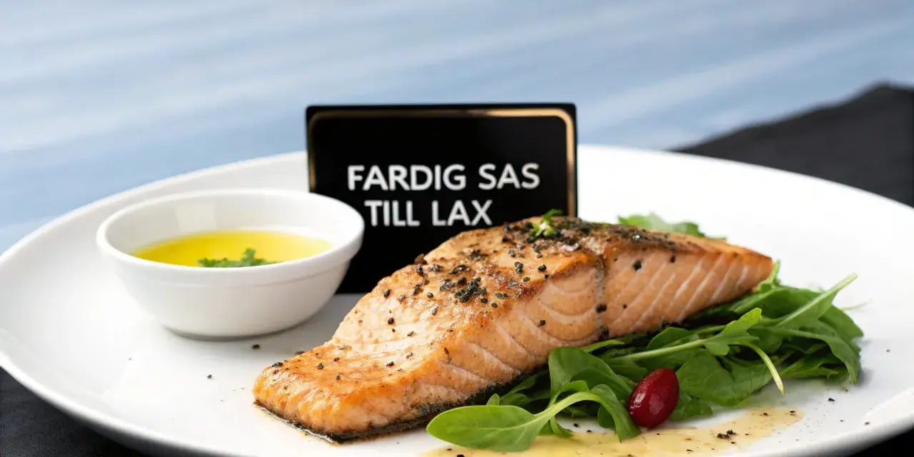En perfekt tillagad laxfilé serveras med en skål med gul sås till lax, gröna blad och en röd bär.