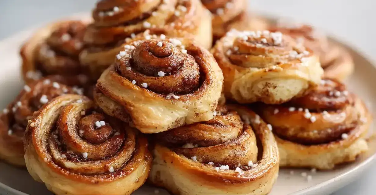 En hög med gyllene, nybakade glutenfria kanelbullar, toppade med pärlsocker. Perfekt för fikat!