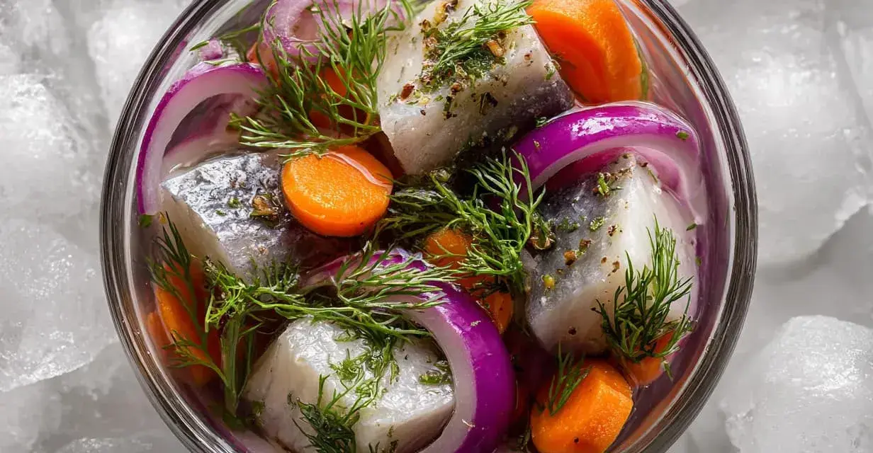 En skål med inlagd sill, rödlök, morötter och dill, serverad på is. En klassisk svensk rätt, perfekt för midsommar.