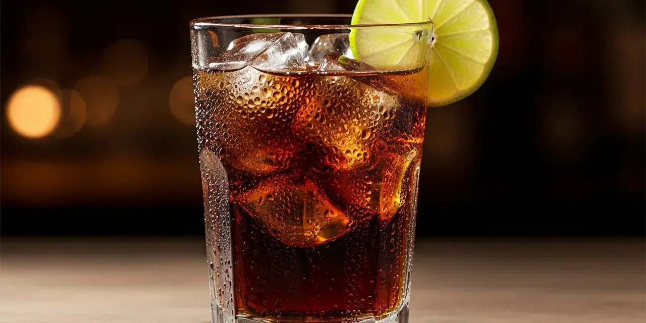 Ett glas med is och en limeklyfta, fyllt med en mörk dryck som påminner om en cuba libre.