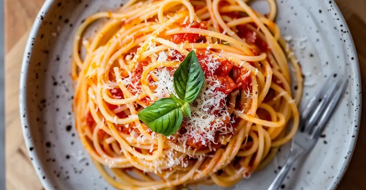 En tallrik med spaghetti och tomatsås, toppad med riven parmesan och en basilikakvist. Perfekt för en krämig burrata pasta.