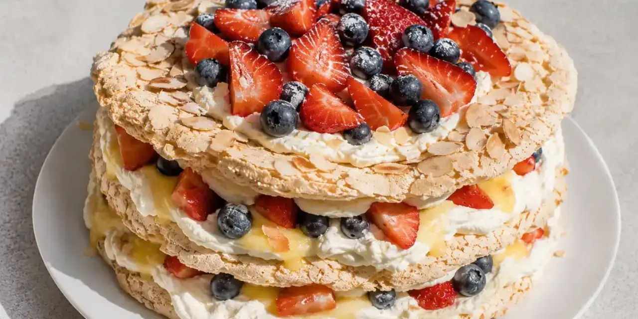 En flerskiktad marängtårta med grädde, bär och mandel. Perfekt som inspiration för ditt nästa tårtbotten recept.