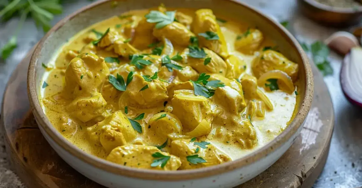 En krämig kycklinggryta med lök och persilja, perfekt för ett snabbt currysås recept.