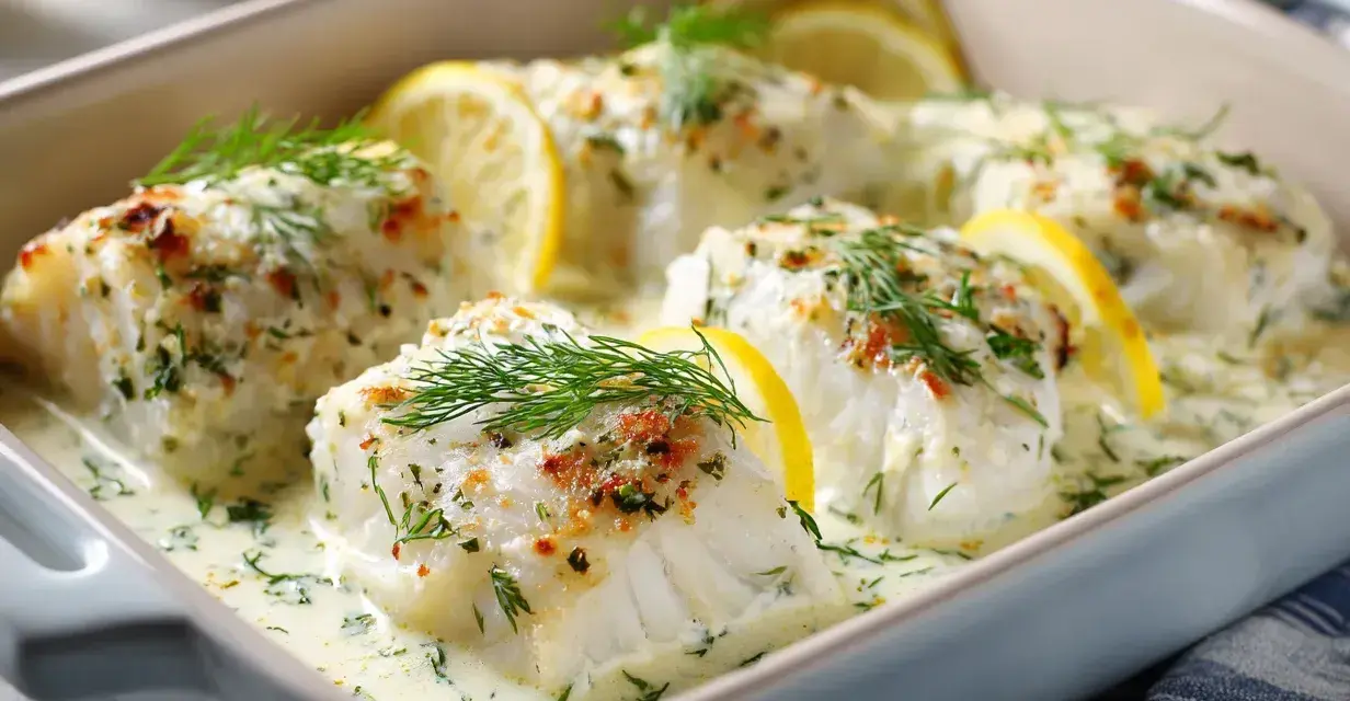 Ugnsbakad torsk i krämig sås med citron och dill. En härlig rätt som passar perfekt till middagen.