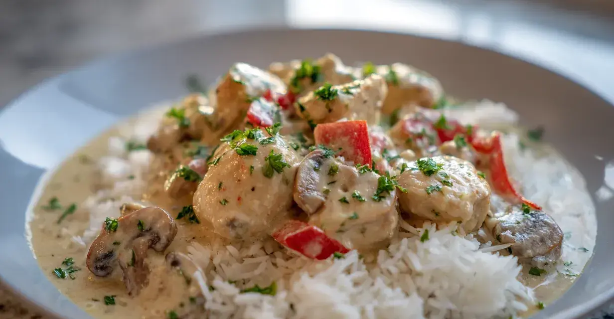 En krämig chicken ala king med ris, toppad med persilja och bitar av röd paprika.