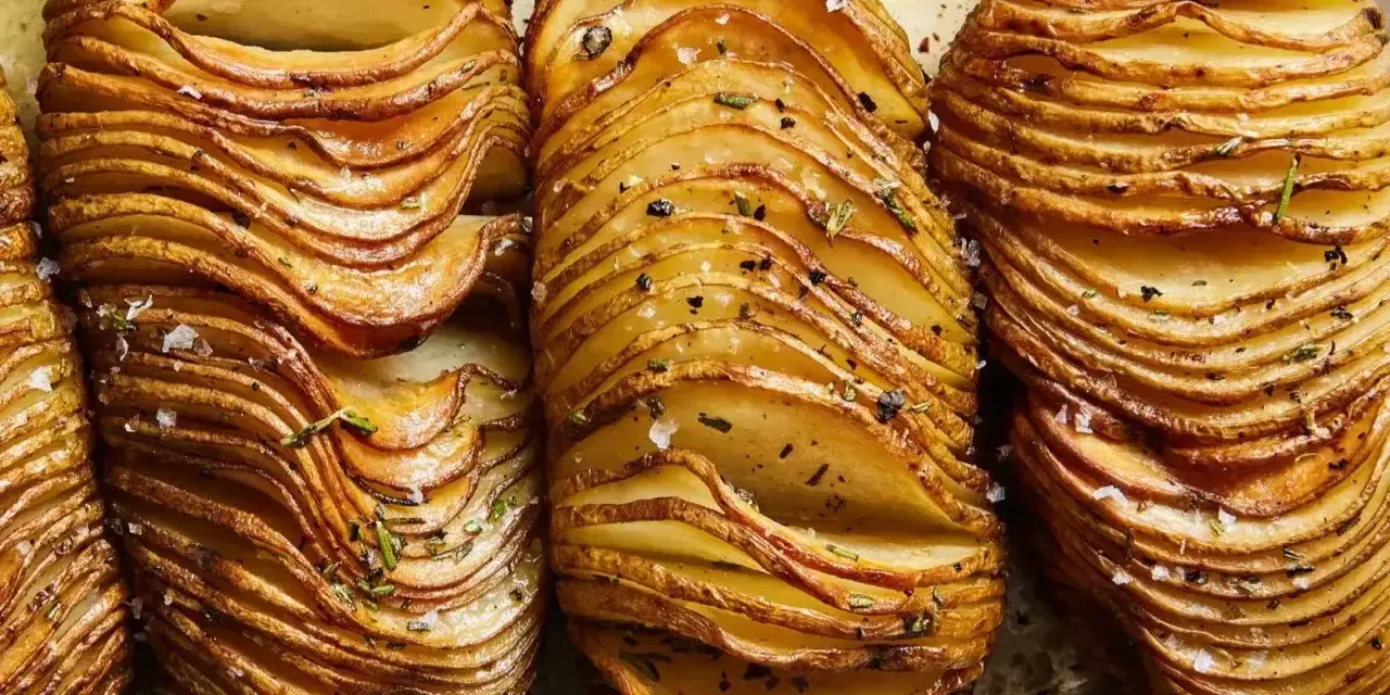 Krispiga hasselbackspotatisar, perfekt för ett enkelt hasselbackspotatis recept. Garnerade med örter och flingsalt.