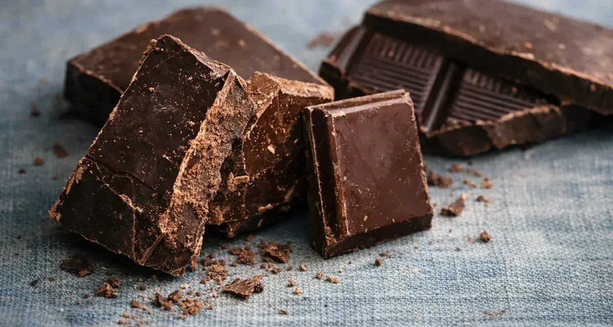 Mörk choklad i bitar, redo att smältas till en härlig lava cake.