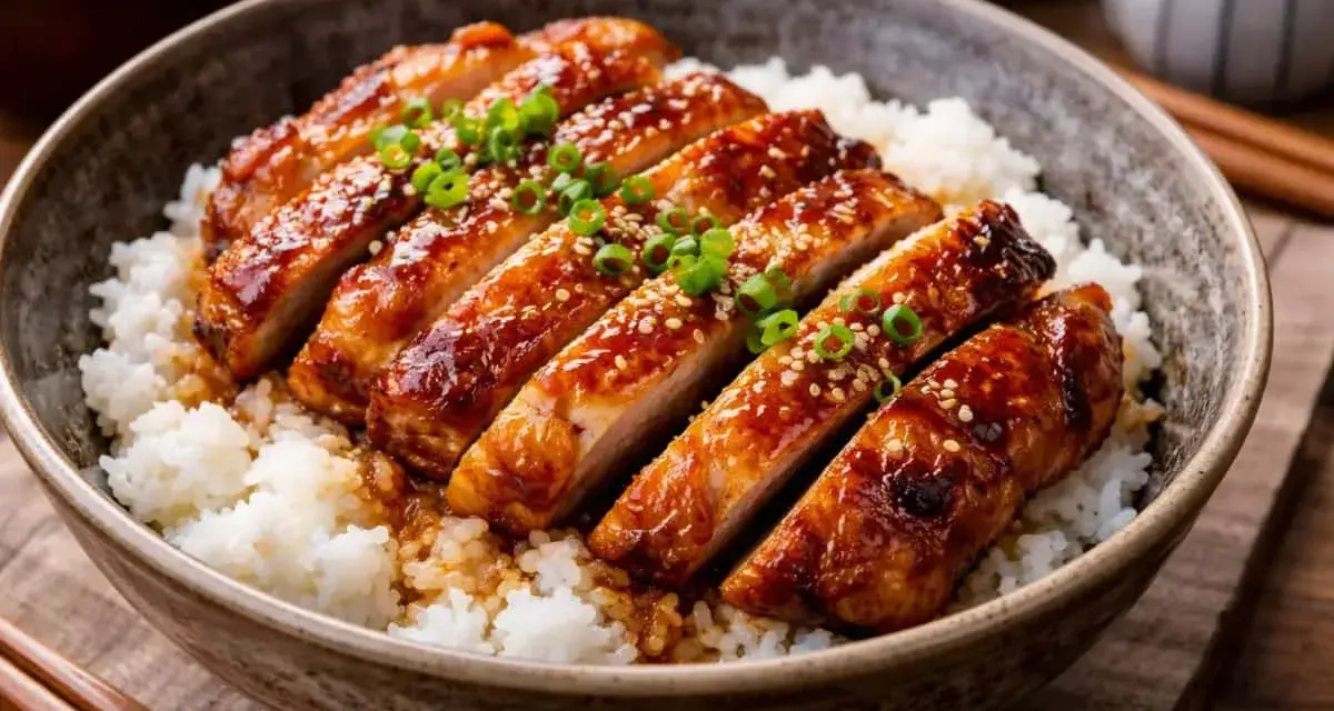 En skål med fluffigt ris toppad med saftig, glaserad teriyaki kyckling, strödd med sesamfrön och grön lök. En utsökt måltid.
