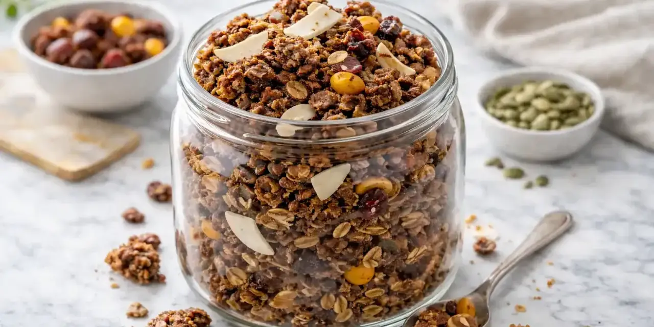En stor burk fylld med hemgjord granola, perfekt för ett hälsosamt frukostrecept. Nötter, frön och torkad frukt syns tydligt.