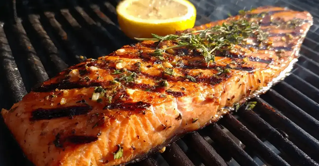 En saftig grillad laxsida med örter och en citronskiva på grillen. Röken stiger och doften sprider sig.