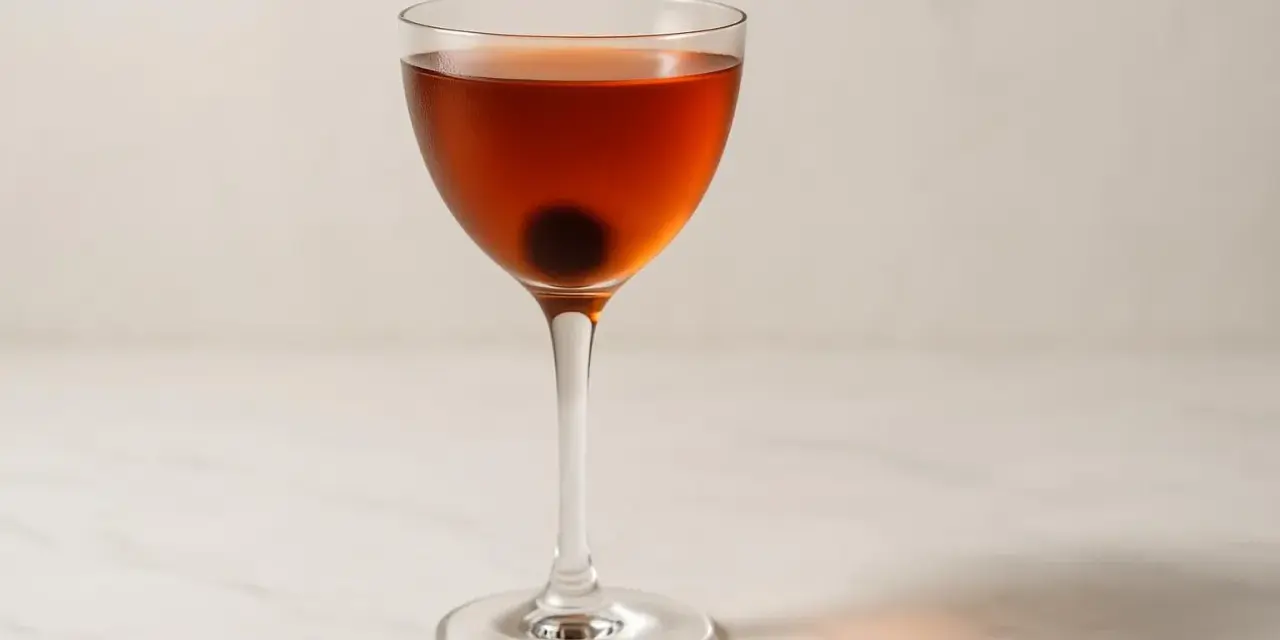 En klassisk manhattan drink med körsbär i ett elegant glas.