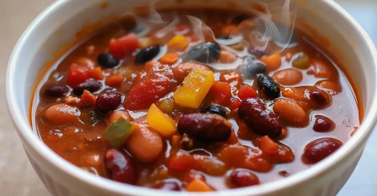 Varm och ångande chili sin carne i en vit skål, full av bönor, tomater och paprika. En härlig vegetarisk rätt.