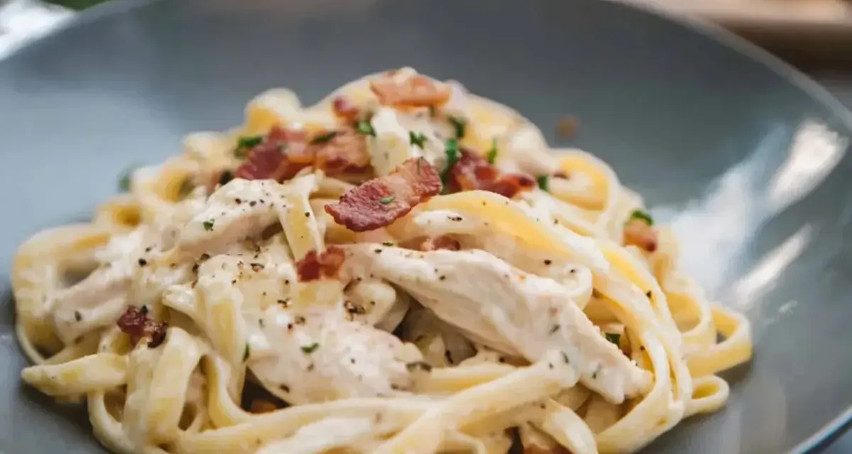 Krämig pasta med kyckling och knaprigt bacon. En härlig bacon pasta som ser utsökt ut.