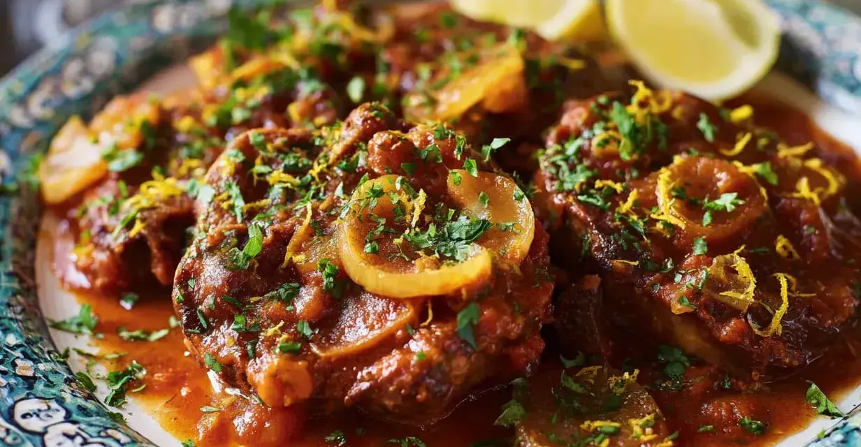 En tallrik med mustig osso buco, garnerad med citron och persilja.
