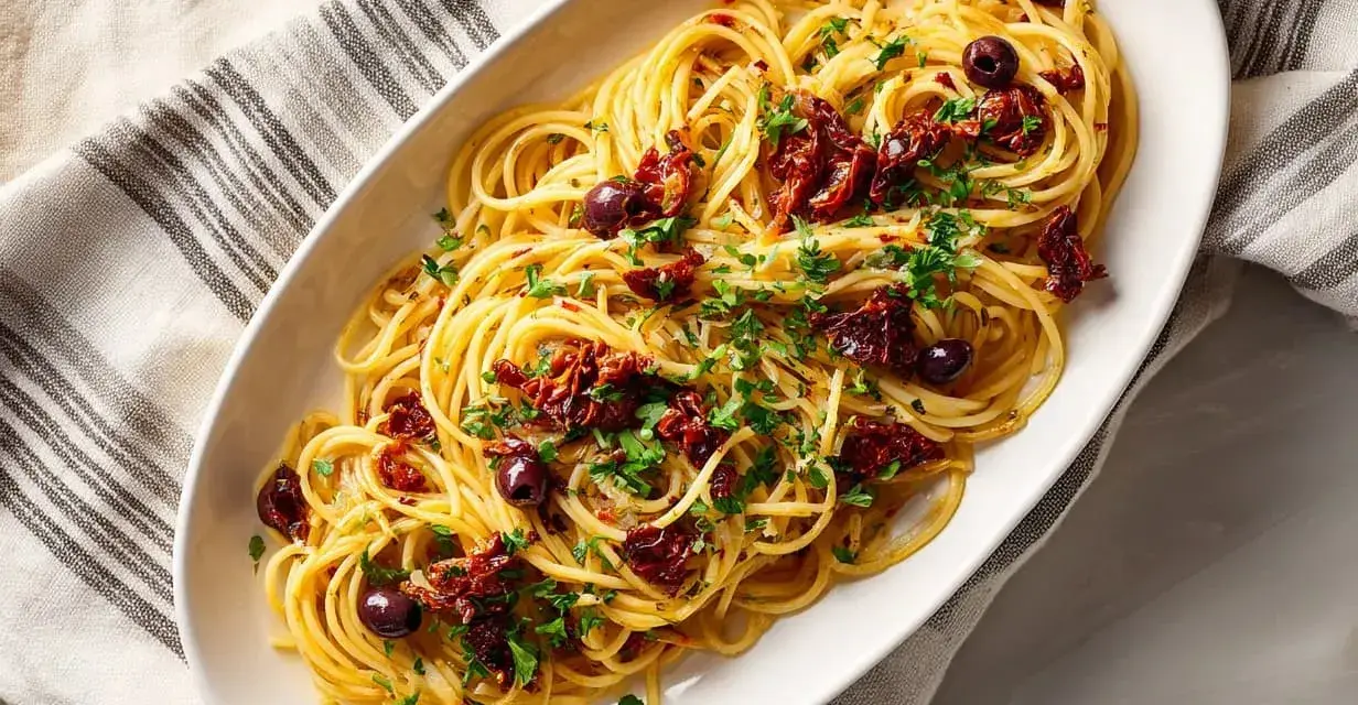 En skål med spaghetti, toppad med soltorkade tomater, svarta oliver och färsk persilja. En härlig pasta puttanesca!