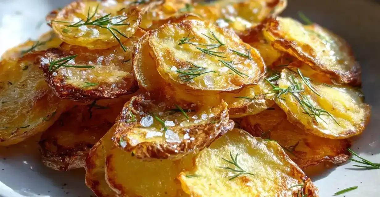 Krispiga, gyllene skivor av råstekt potatis toppas med flingsalt och färsk dill. En härlig sidorätt som passar till det mesta.