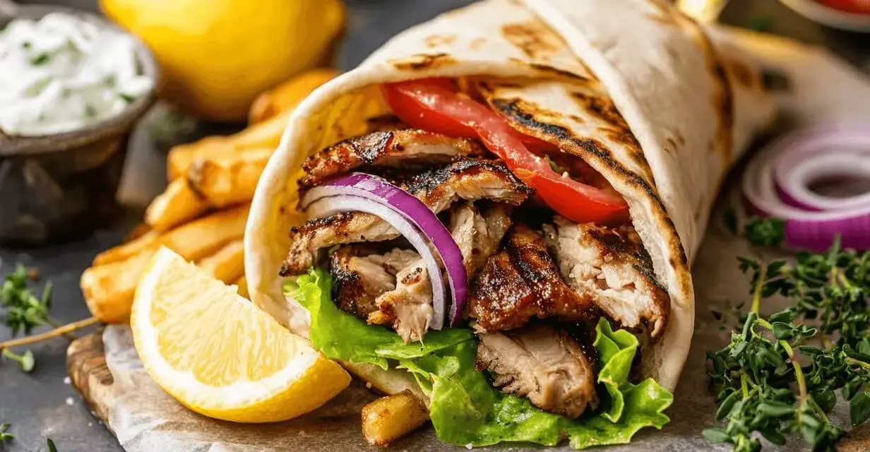 En saftig gyros med grillad kyckling, grönsaker och pommes frites. Perfekt för ett snabbt och gott gyros recept.