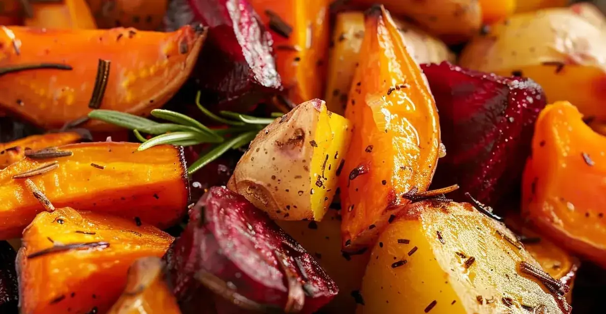 Ugnsrostade rotfrukter med rosmarin. En härlig blandning av potatis, morötter och rödbetor som fått en gyllene yta i ugnen.