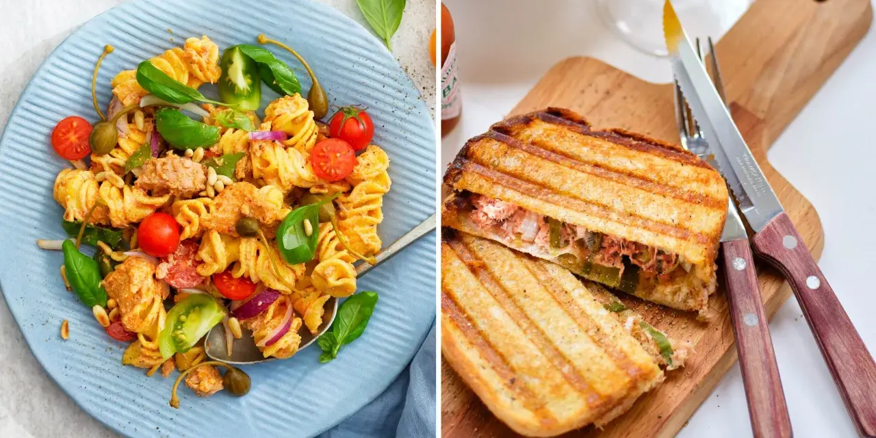 Två läckra recept med tonfisk på burk: en pastasallad med körsbärstomater och kapris, samt en grillad toast med tonfiskröra.