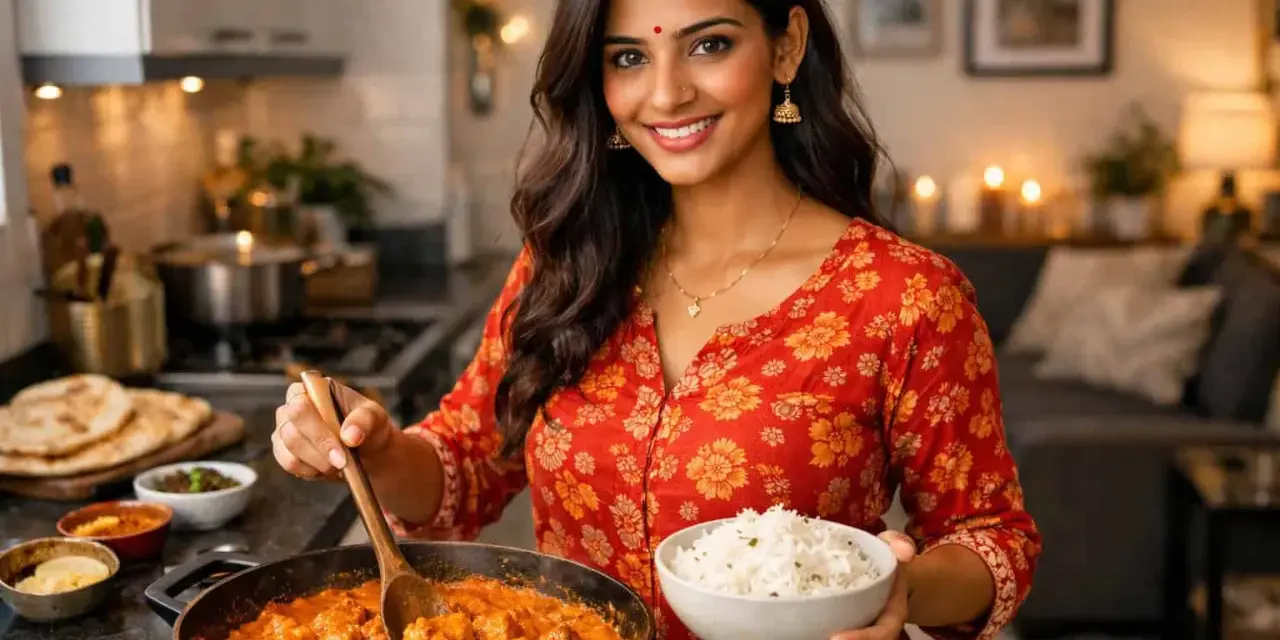 En kvinna i köket lagar en krämig tikka masala med ris.