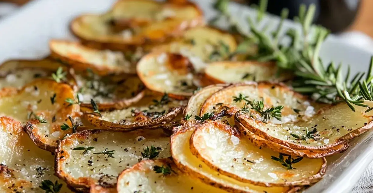 Råstekt potatis i ugn, krispiga skivor med örter och flingsalt. Perfekt tillbehör som doftar ljuvligt.