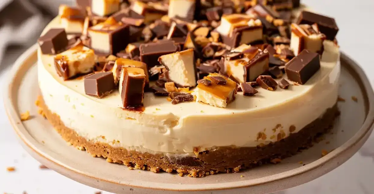 En krämig daim cheesecake toppad med bitar av choklad och karamell. En dröm för alla som älskar daim.