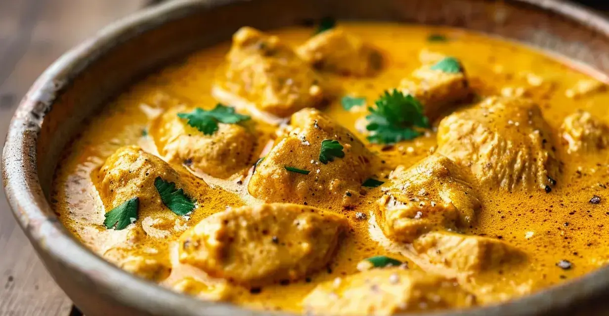 En krämig kycklingrätt i en skål, perfekt för ett enkelt kyckling recept. Garnerad med färsk koriander.