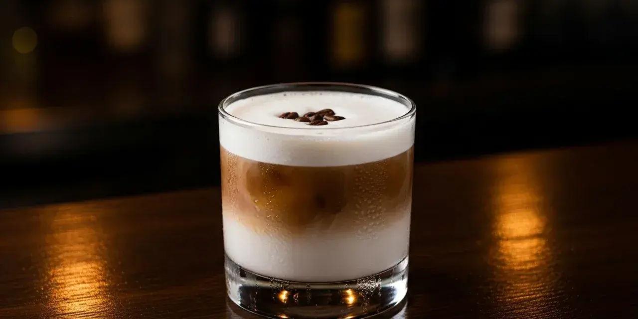 En krämig White Russian med kaffebönor på toppen, serverad i ett glas på en mörk träyta.