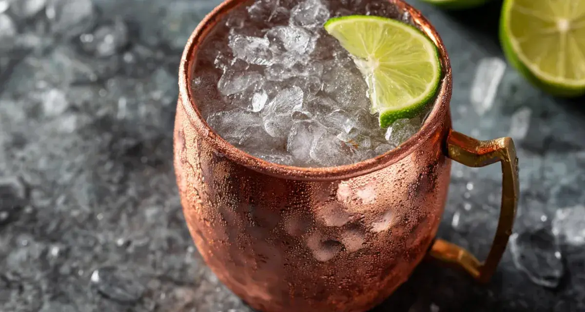 En iskall moscow mule i kopparmugg, garnerad med lime och omgiven av is.