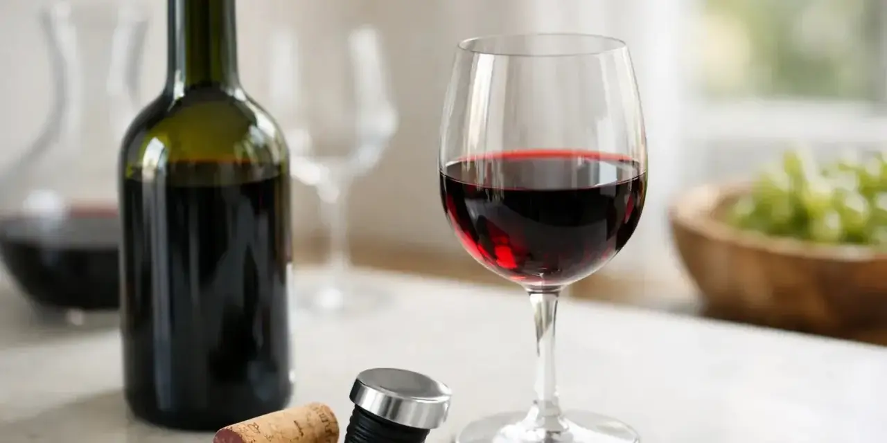 En flaska rött vin, ett glas fyllt med vin, en kork och en vinpropp. Frågan är, kan vin bli gammalt?